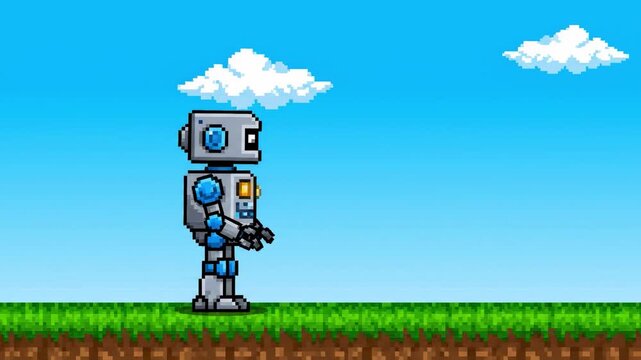 A cheerful pixel art robot stands in a bright landscape. Perfect for illustrating technology concepts, futuristic themes, or gaming-related content.