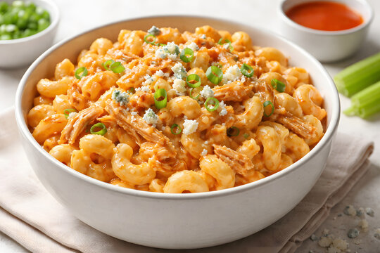 Buffalo Chicken Mac And Cheese Served In Modern Ceramic Bowl With Editorial Clean Styling