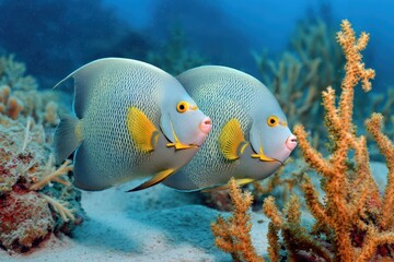 Obraz premium Pair of tropical fish swimming near coral reef