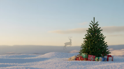 Christmas Tree with Presents in a Snowy Landscape at Sunset with a Reindeer Silhouette, Festive Holiday Season Celebration, Winter Wonderland Scene