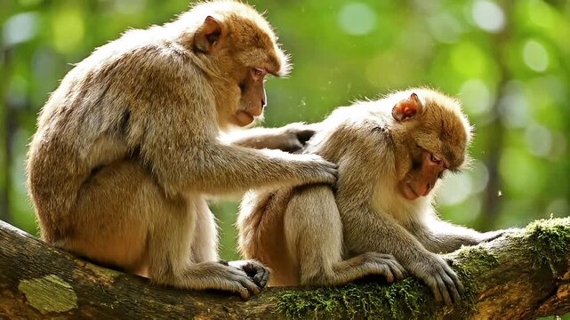 Cinematic shot of wild macaque monkeys grooming each other on a tree branch in a lush tropical forest