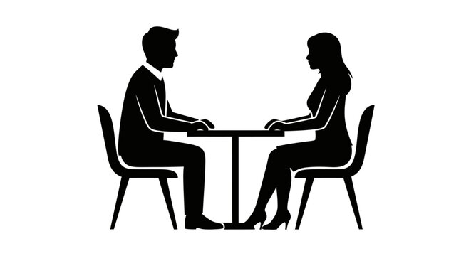 Silhouette of man and woman sitting at table facing each other for date or meeting