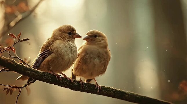 Cinematic close up of two cute small birds interacting and showing affection on a tree branch with beautiful warm bokeh background