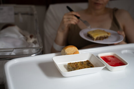 Hospital meal tray with food served to woman after childbirth