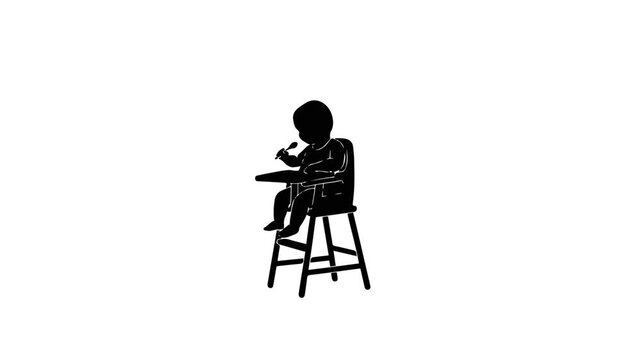 Silhouette of a baby sitting in a high chair eating.