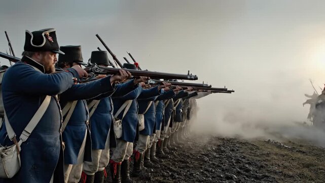 Soldiers in historical uniform firing muskets in battle with smoke.