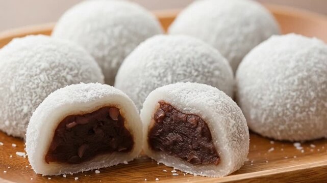 Japanese Mochi Dessert with Red Bean Filling Close-Up