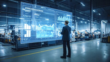 "Business professional in suit interacting with large semi-transparent holographic display inside modern industrial facility, digital dashboard with circular charts and bar graphs floating above facto