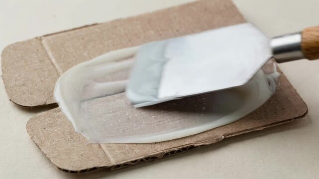 Latex glue being evenly spread on paperboard flaps in medium view showcasing ecofriendly adhesive with flexible quickdrying consistency.