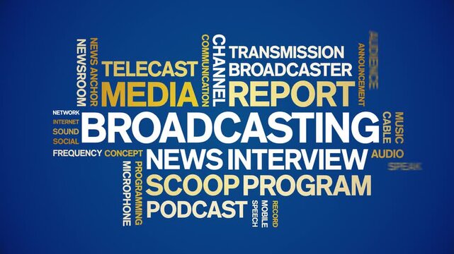 Broadcasting animated word cloud-text design animation tag kinetic typography seamless loop.