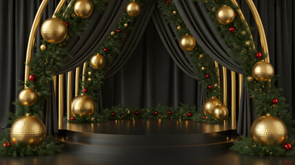 Fototapeta premium Elegant Christmas Stage with Gold Ornaments, Garland, and Black Drapes for Product Showcase or Festive Backdrop, Holiday Season Decoration