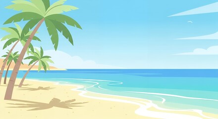 Obraz premium A serene beach scene with palm trees and calm ocean waves on a sunny day