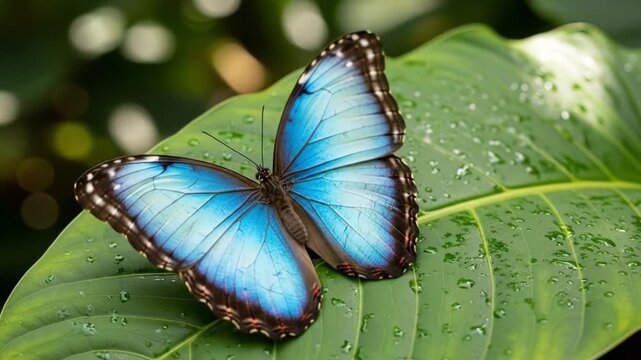 A blue morpho butterfly rests on a large green leaf covered in water droplets