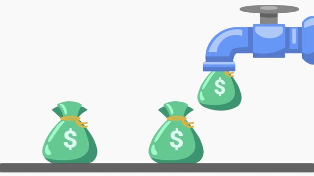 Seamless loop animated illustration of a faucet pouring money bags, symbolizing cash flow, income stream, liquidity, and revenue generation. Perfect for finance, business, investment, and fintech 