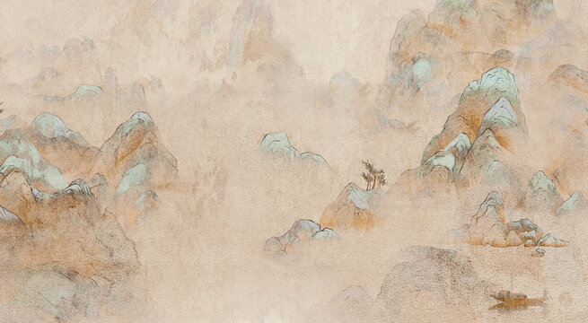 Thousand Li of Rivers and Mountains Style Blue-Green Chinese Landscape with Solitary Boat in Spring