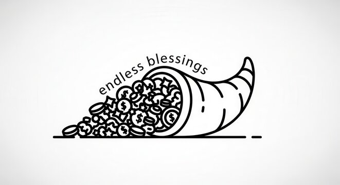 Cornucopia overflowing with coins and dollar signs, symbolizing endless blessings and financial abundance.