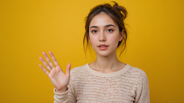 Young deaf mute woman using sign language on color background