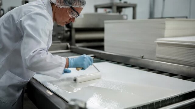 Medium shot of a worker applying an oilresistant barrier coating on a foodboard ensuring protection against grease and enhancing packaging durability.