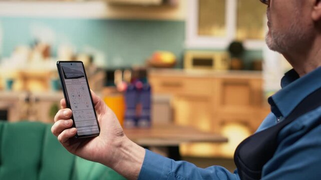 Elderly people, energy management, software on smartphone, eco-friendly solutions to ensure renewable solar power with photovoltaic panels. Retirees check off-grid systems in sustainable home.