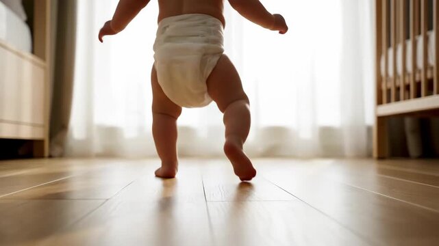 Babys First Steps - Adorable Toddler Learning to Walk Indoors.
