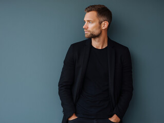 Fototapeta premium Confident mature man in black smart casual blazer posing against blue background. Professional male model, handsome businessman looking away, successful entrepreneur portrait with copy space.