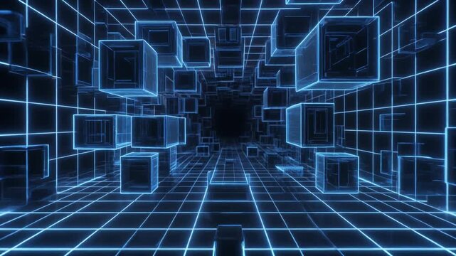 "Futuristic digital 3D grid tunnel with glowing blue lines and suspended transparent cubes, abstract cyber environment representing virtual space and data networks."