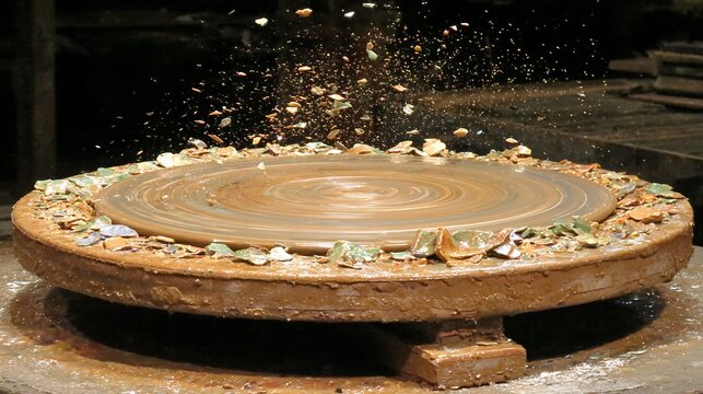 Potter's wheel in action, ceramic shards flying, dynamic studio scene, blurred motion
