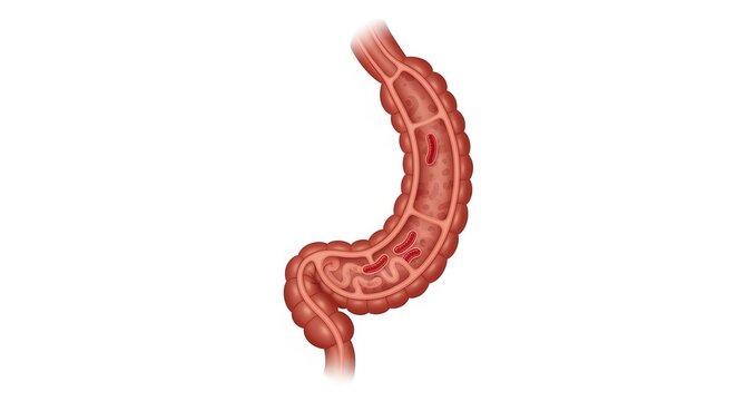 Cross-section of inflamed colon with diverticula and bleeding