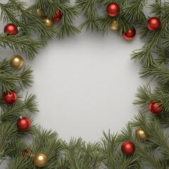 Festive Christmas Frame with Pine Branches and Red and Gold Baubles on a Neutral Background, Holiday Decoration, Copy Space