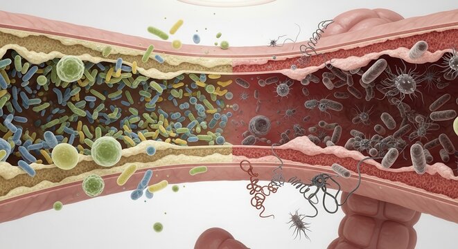 Gut Microbiome Health vs Disease: Healthy Bacteria vs Pathogens in Intestine Cross-Section
