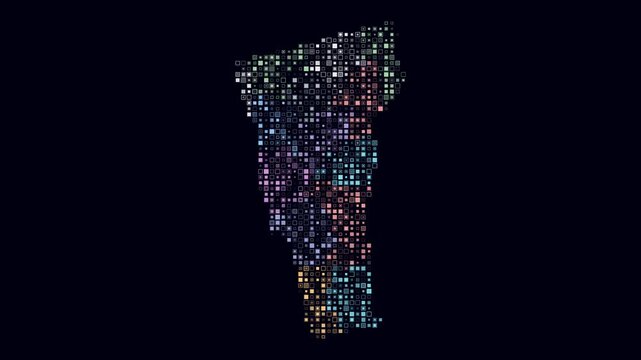 Vermont animated shape. Pulsating colored dots on the map of the state. Small size square blocks. Digital style Vermont map on dark background. Awesome animation video.