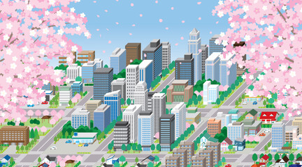 春の街並み. アイソメ図で描いた都市.