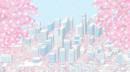 春の街並み. アイソメ図で描いた都市.
