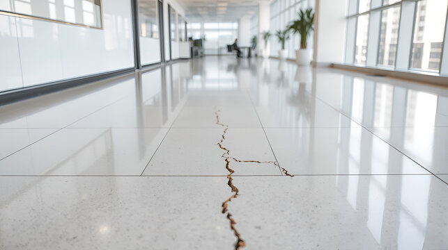 Damaged office floor: Cracks mar the polished tile surface in a modern workspace, suggesting structural issues or wear and tear. Urgent repair needed.