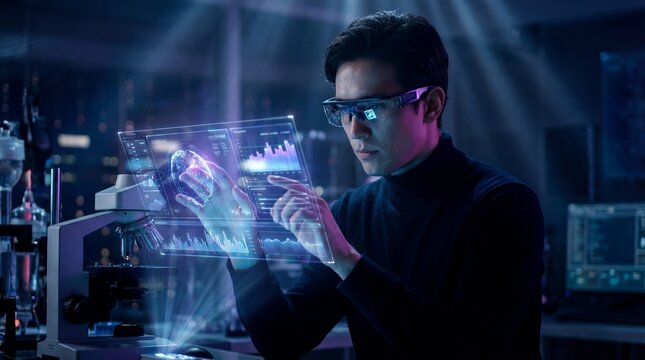 Asian scientist using futuristic holographic interface in laboratory setting.