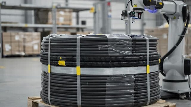 Medium shot showcasing a robotic strapping system wrapping durable bands around coiled cords ensuring stability during shipment and storage.