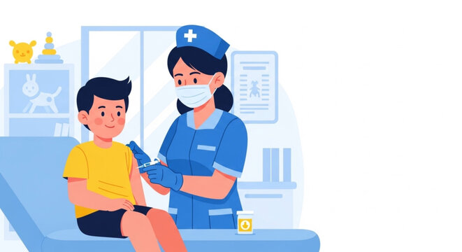 Kids Immunization Concept &ndash; Nurse Administering Flu Shot to Smiling Boy in Medical Office Vector