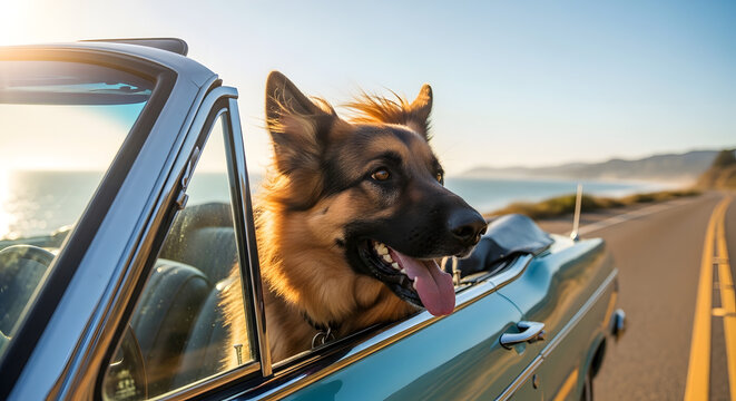 A happy German Shepherd dog sticks its head out of a car window while driving on a scenic coastal road.