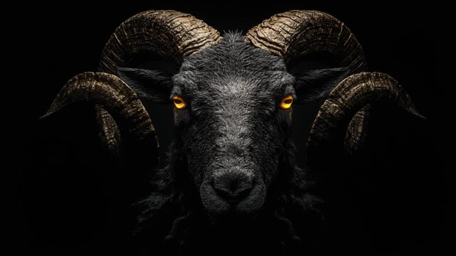 A frontal portrait of a ram with large, curving horns and glowing eyes in a dark setting