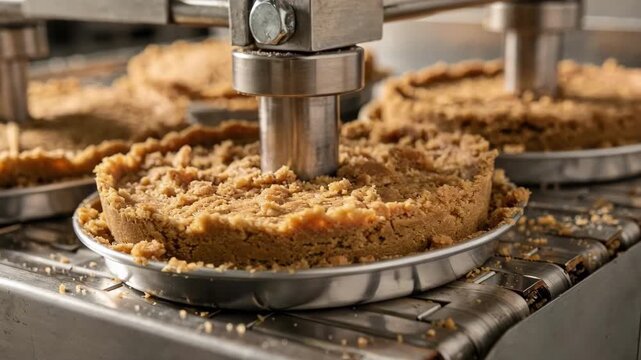 Closeup of a machine pressing crumbly graham crust into pie molds showcasing the process of creating a firm textured base for sweet desserts on an industrial conveyor.