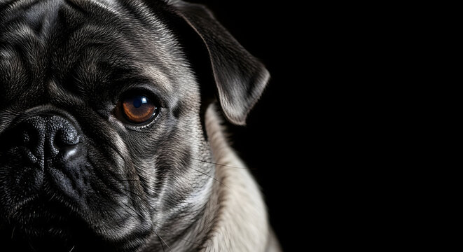 A close-up portrait of a pug dog with a dramatic black background