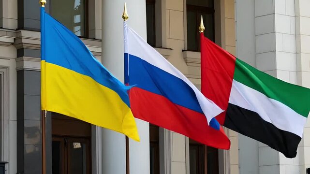 flags of ukraine russia and the united arab emirates wave in the wind in front of a building symbolizing the international agenda and possible mediation missions in diplomacy