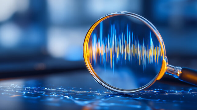 Magnifying glass examining audio waveform on circuit board representing signal analysis and digital forensics concept.
