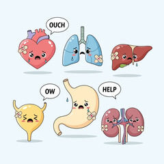 Cute Sick Organs Cartoon Vector Illustration &ndash; Kawaii Medical Health Concept Art