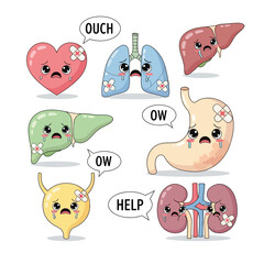 Cute Sick Organs Cartoon Vector Illustration &ndash; Kawaii Medical Health Concept Art