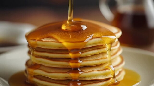Stack of pancakes with syrup being poured on top