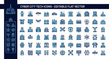 Collection of blue cyber city tech icons editable flat vector graphics modern cityscape elements digital technology symbols urban