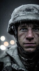 Battle worn soldier face in cold weather