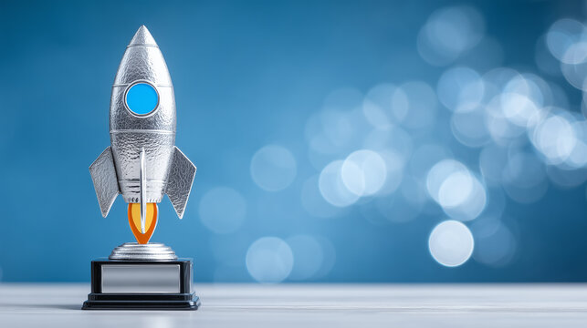 Silver rocket trophy on pedestal symbolizing startup success, innovation award, and business growth concept.
