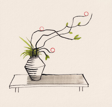 Wabi Sabi Zen Minimalist Plant Illustration on Table